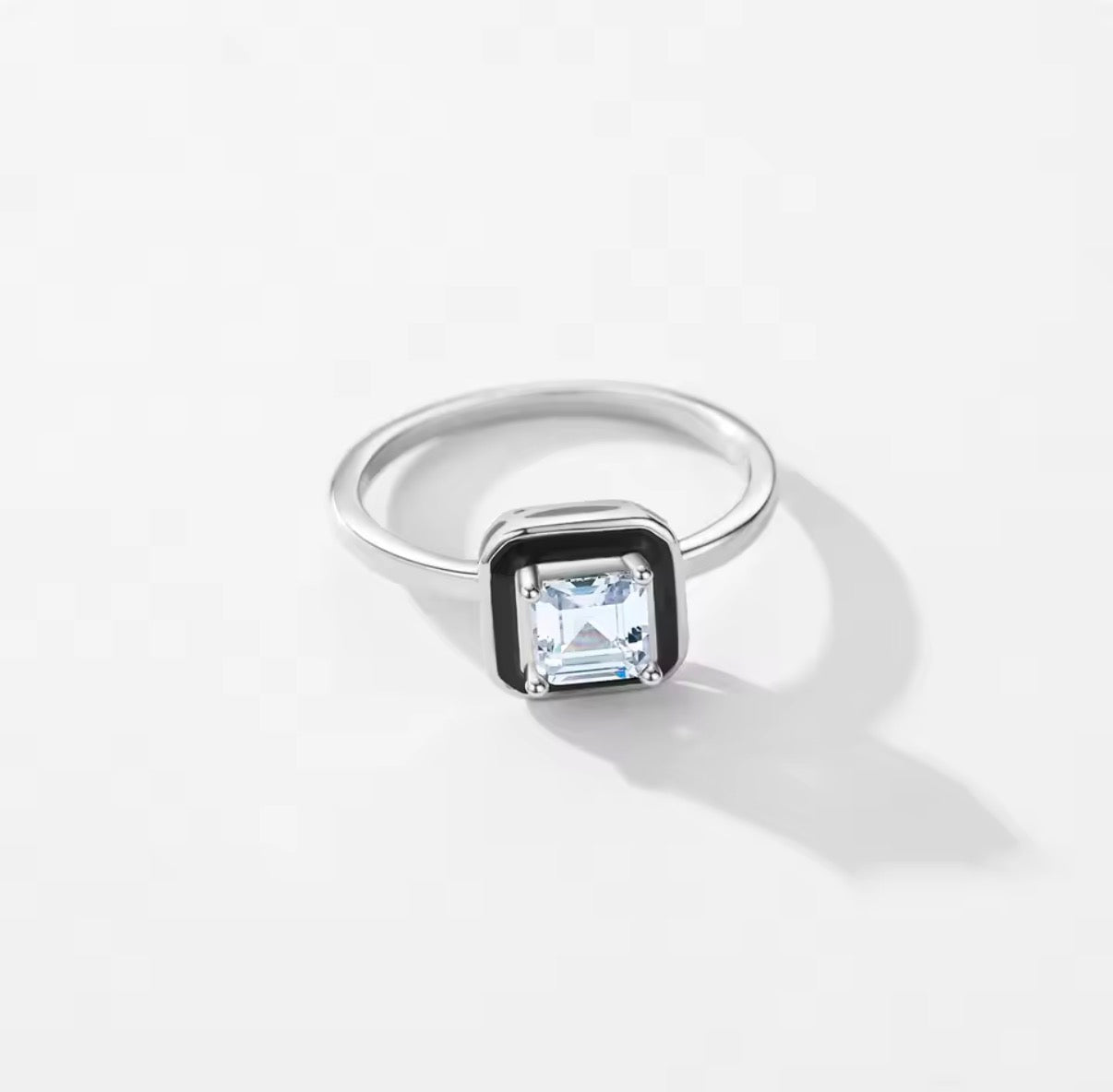 Bloo & Co Square Black Enamel Border Ring in Silver
